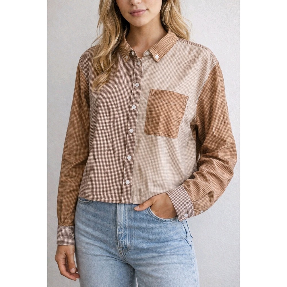American‎ Eagle Patchwork Gingham Button Up Top Size L Neutral Cottagecore